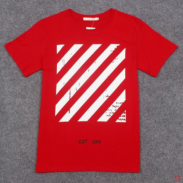 off white 短t 2017新款 条纹后背字母印花时尚男生圆领短袖t恤 红色